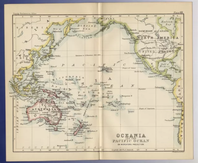 1888 Original Antique Map Of Oceania Pacific Ocean Australia New Zealand