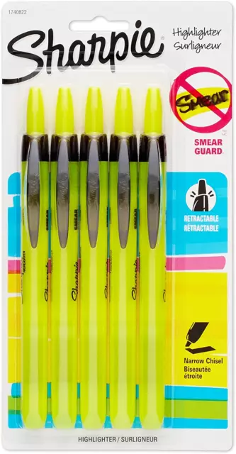 Sharpie Accent Retractable Highlighter, Chisel Tip, Fluorescent Yellow, 5-Count