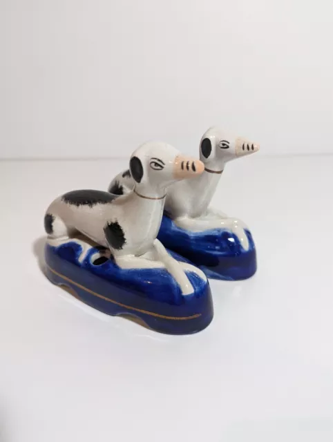 2 Vintage Staffordshire Greyhound or Whippet Dog Figurine Pen Holders