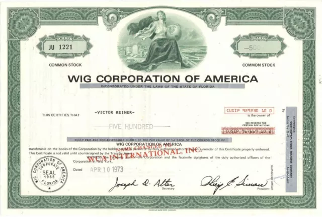 WIG Corporation of America - Stock Certificate - General Stocks