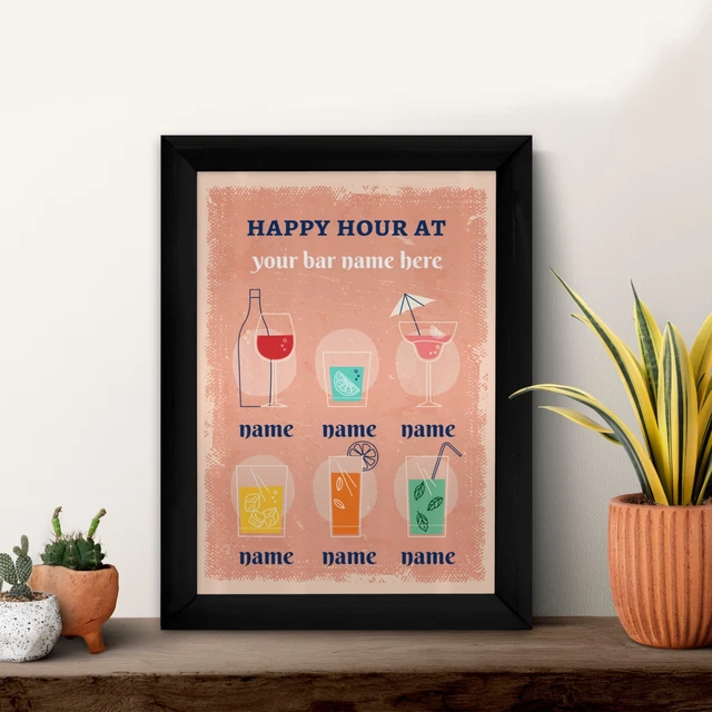 Personalised Cocktail Happy Hour - A4 Metal Sign Print- Frame Options Available