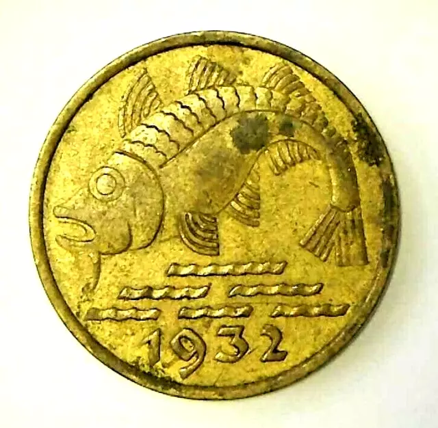 1932 Danzig Coin 10 Pfennig Pre-WWII Weimar Germany Codfish Wildlife