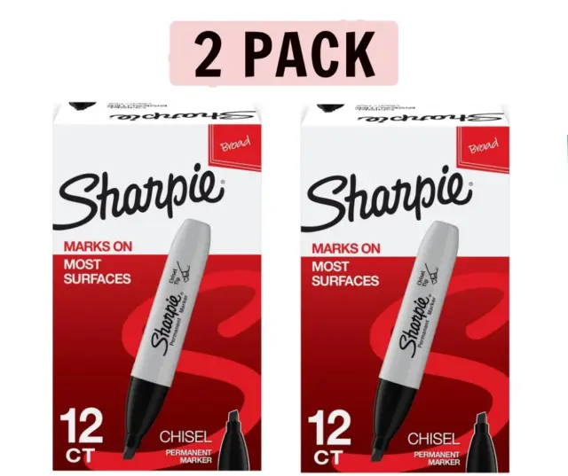 2 PACK Sharpie Permanent Markers, Chisel Tip, Black, 12 Count