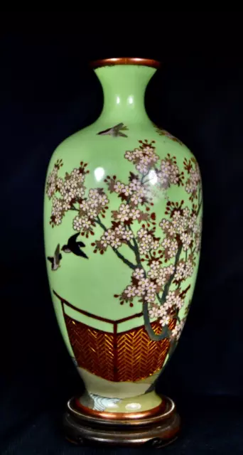 Antique Fine Silver Wire Japanese Cloisonne Vase With Gold Foil Fence And Sakura