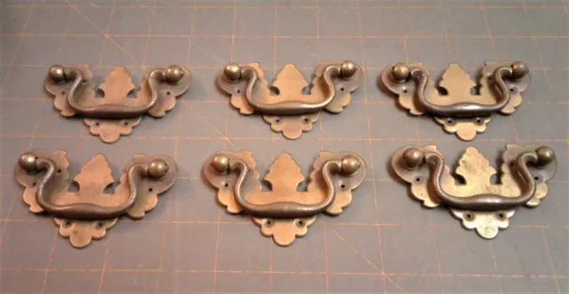 6 Antique Chippendale Batwing Brass Drop Bail Cabinet Dresser Drawer Pulls 1900s