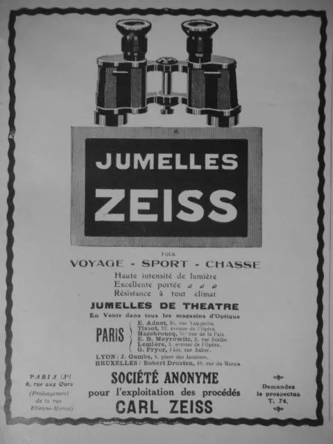 Publicité De Presse 1913 Jumelles Zeiss Pour Voyage Sport Chasse - Advertising