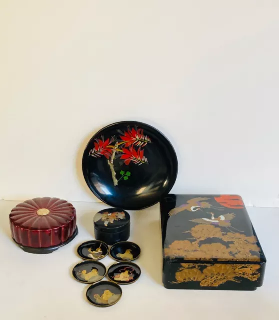 Vintage Antique lot Of  9Japanese Lacquer , Serving Plate, Okinawa Ryukyu