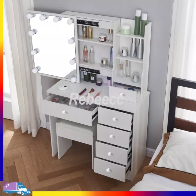 Dressing Table with LED Mirror Modern Makeup Desk Vanity Table Stool Set White