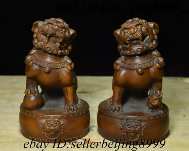 Chinese Boxwood Carving Foo Fu Dog Guardion Lion Ball Lionet Animal Statue Pair