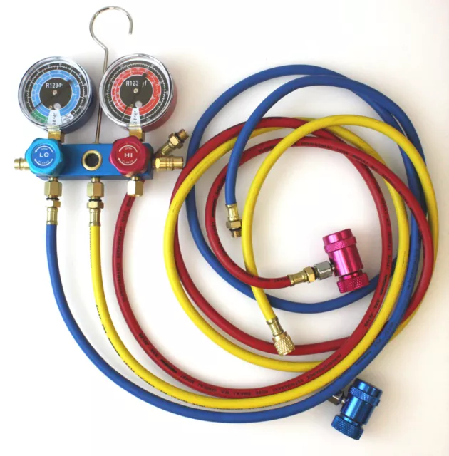 R1234YF HVAC AIR Conditioning Aluminum Manifold Gauge Set W/ 3 Color Hoses  A/C $92.99 - PicClick