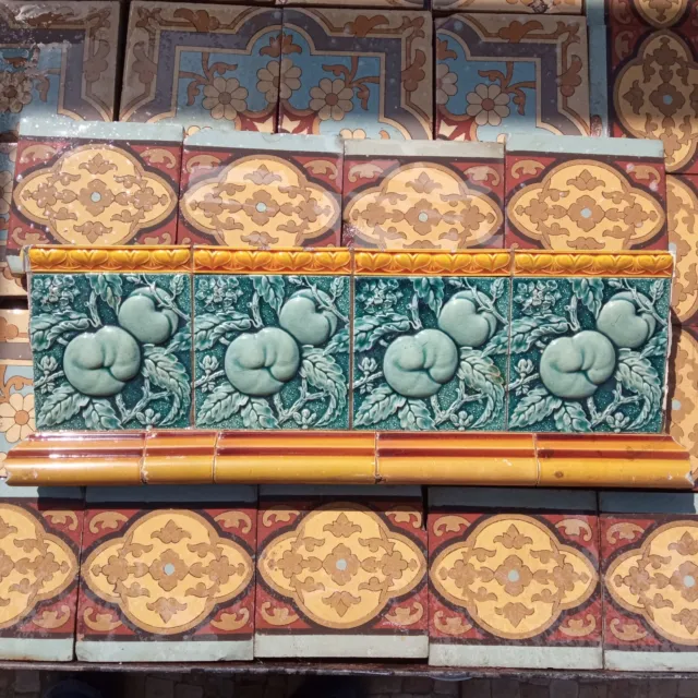 Reclaimed original period antique Art Nouveau tile fruits floral wall panel 9