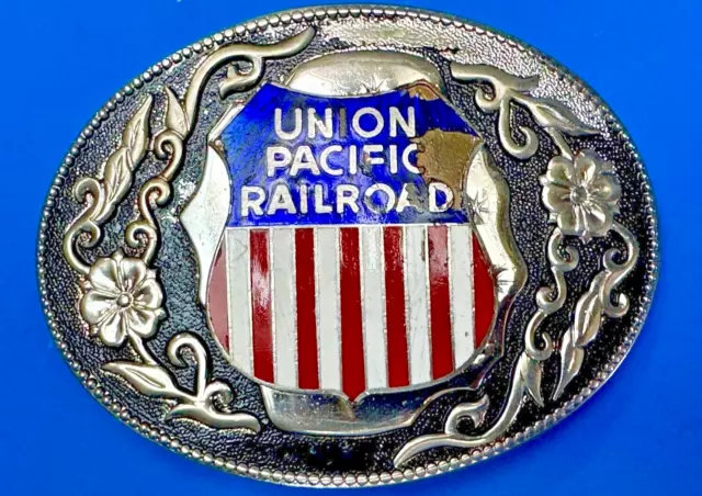 Union Pacific Train Railroad Shield Flag colors Vintage Belt Buckle to restore