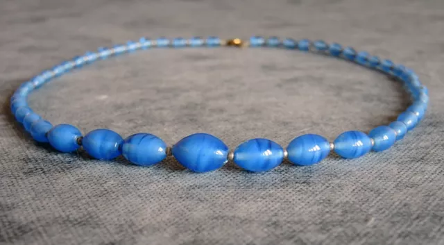 Art Deco Czech Bohemian Satin Sky Blue Glass Oval Bead Necklace