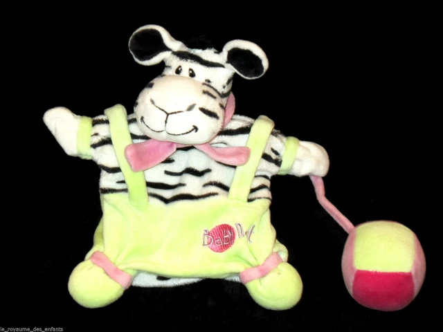 Doudou Marionnette Zèbre blanc noir vert rose Babynat' Baby Nat' avec cube balle