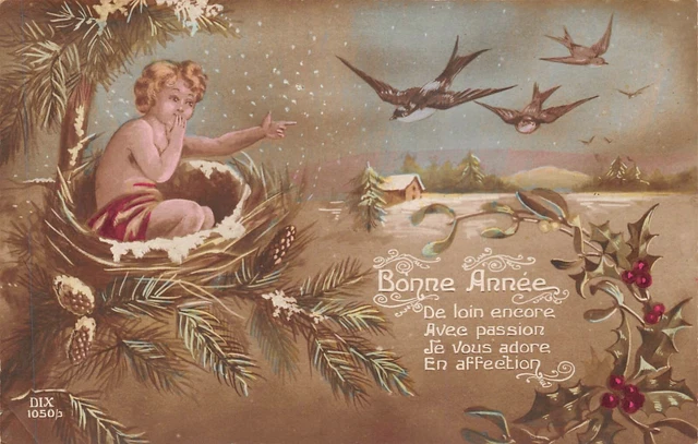 Cartolina Fantasia, Bambini Nel Un Nid Rondine E Paysage D'Hiver