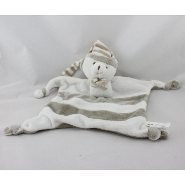 Doudou plat ours blanc gris rayé IDEAL PROMOTION - 19749