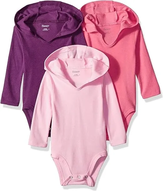 Hanes Baby Long Sleeve Bodysuit Hoodie Boys & Girls, 3-pack Purple/Pink 6-12M