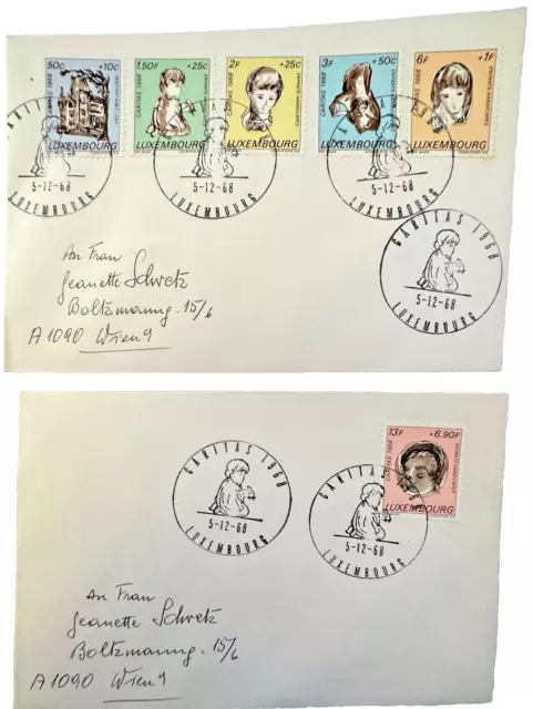 Luxembourg 1968 Caritas set of 6 values on two FDC covers to Vienna