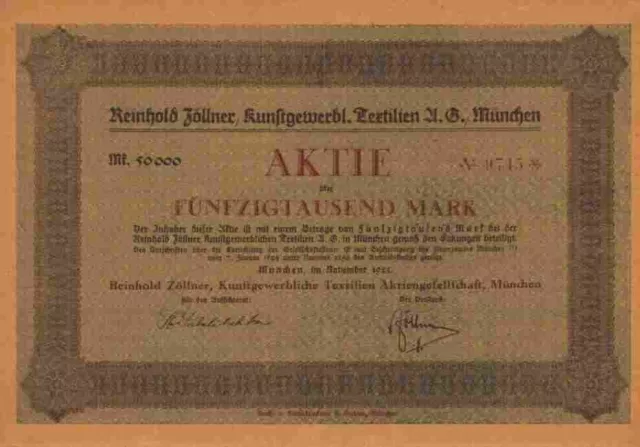 Reinhold Zöllner Kunst Textilien AG 1923 München Kunstdruck Hedler Gründeraktie