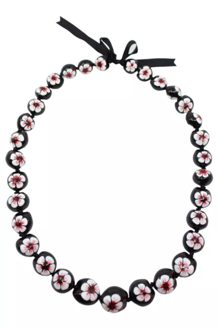 Kukui Nut Lei Hawaiian Style Necklace - Natural, Hand Painted Hibiscus Flowers