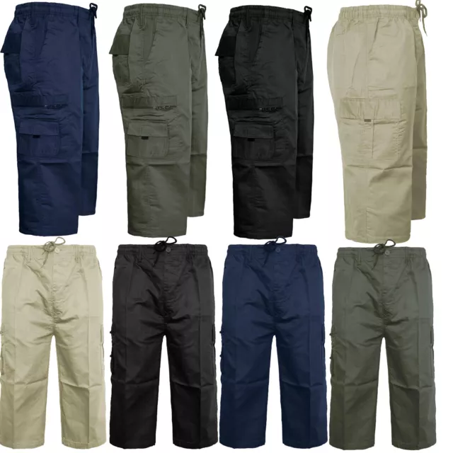 Mens 3/4 Shorts Elasticated Waist Cargo Combat Long Length Three Quarter Pants