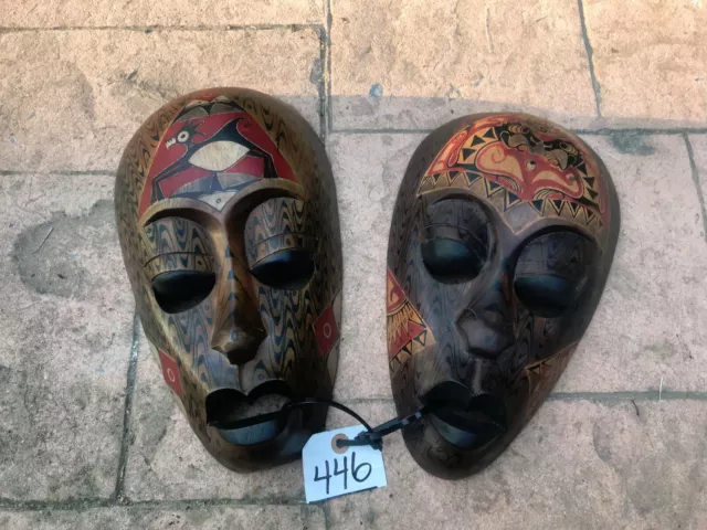 A Pair,of Antique Indonesian Wood Mask Hand Carved Painted Tribal ART Work-W-203