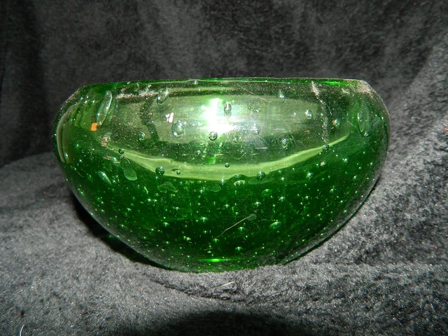 Vintage Murano Crystal Glass Bowl Hand Blown Emerald Green Mille Bubbles Design