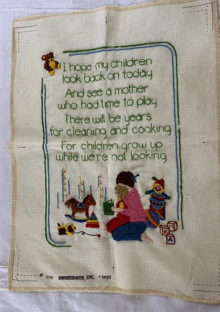 Crewel Bordado Acabado Madre Niños Crecer Poema Dimensiones De Colección 1981