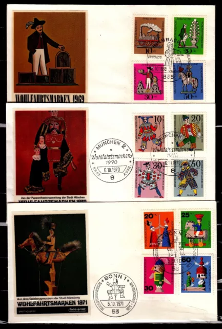 BRD, Bund 1969, 1970+1971: 604-07, 650-53+705-08, Wohlf. 3 Schmuck-FDC, ESStpl.