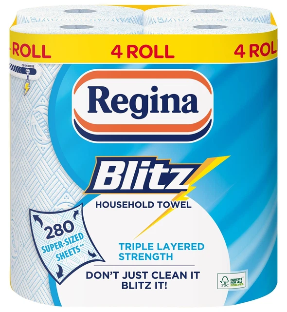 Regina Blitz Asciugamano Casa 4 Rotoli 280 Fogli Tripli Strati Super Dimensioni