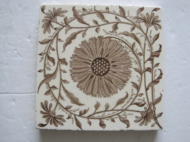 ANTIQUE 6" VICTORIAN MINTON BROWN ON BUFF SUNFLOWER WALL TILE c1868 -1900