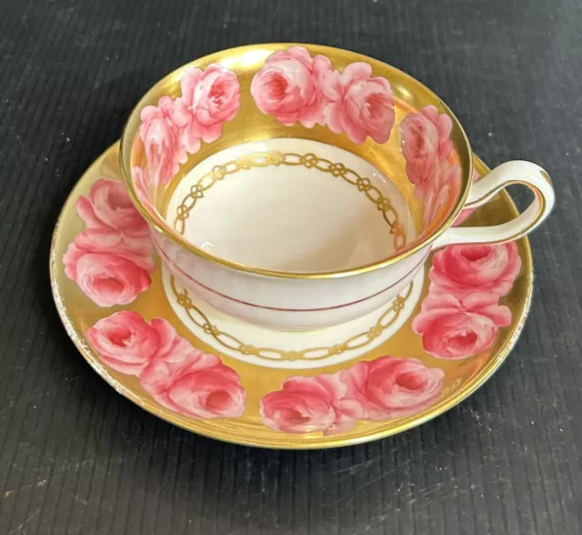 Vintage Royal Chelsea England Gold Ground Cabbage Pink Roses TeaCup & Saucer Set