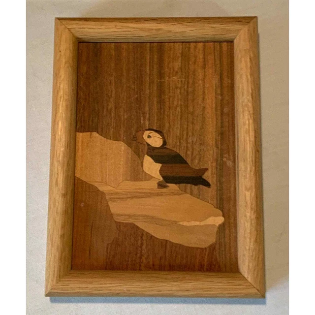 PUFFIN Wood Art 9 Different Wood Inlay Art Picture In Wood Frame. Origin: Alaska