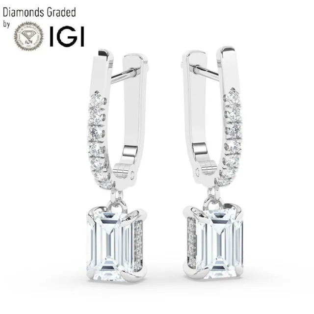 IGI, Emerald Cut Lab-Grown Diamond Hidden Halo Hoops Earrings ,18K White Gold