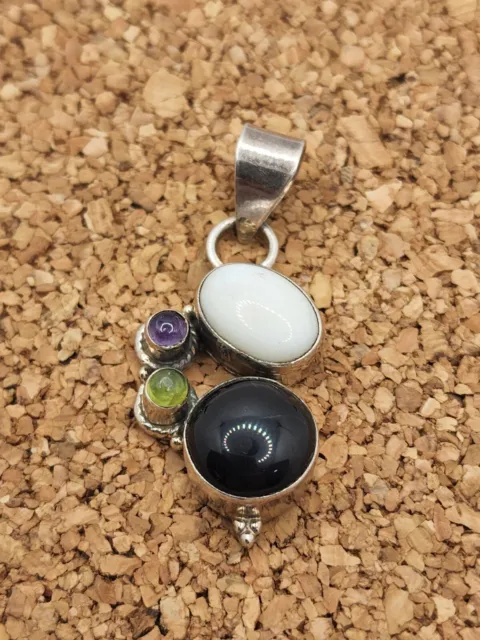 Vintage Amethyst Onyx Peridot Agate 925 Sterling Silver Stamped Charm Pendant