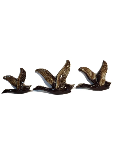 Vtg Brown Flying Geese Bird Wall Art Decor Brown Drip Glaze Ceramic Pottery MCM