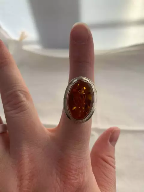 HUGE  BEAUTIFUL Baltic Honey Amber Russian Sterling SILVER 925 SIZE 6.75-7