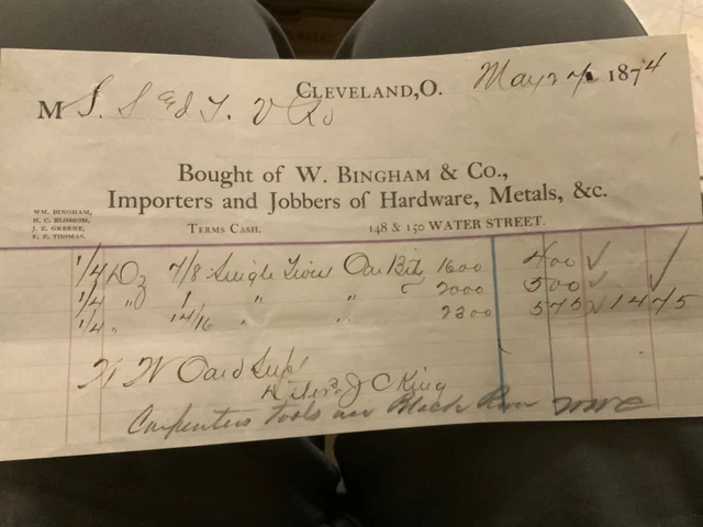 Cleveland, OH 1874 Letterhead, Hardware and Metal, W. Bingham Co., Ohio