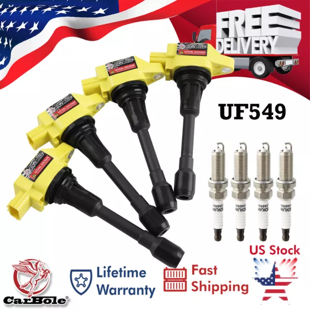 4 UF549 Ignition Coil & Spark Plug For Nissan Altima Cube Rogue Infiniti FX50 V8