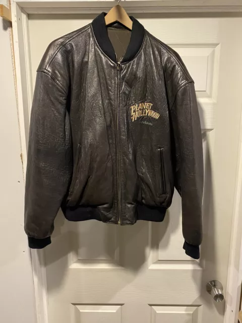 Men’s Vintage Black Leather Reversible Planet Hollywood Jacket Bomber EUC Large