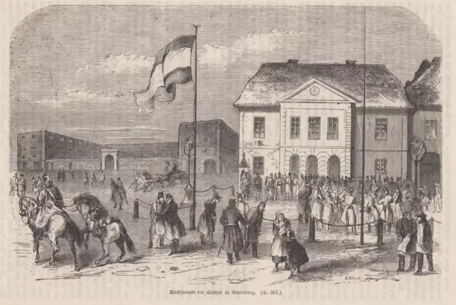 Rendsburg Wachtparade El Sajonia Original Grabado en Madera 1865