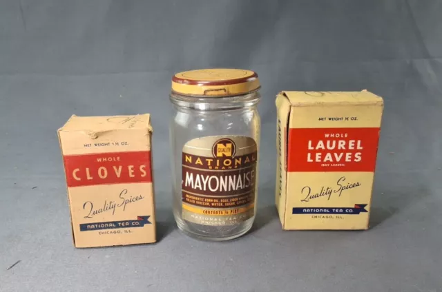 3 Vintage National Tea Co ,Chicago Cloves & Laurel Leaves Boxes & Mayonnaise Jar