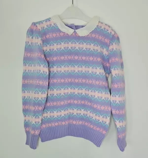 Vintage Girls Age 3-4 Lilac Patterned Knit Collared Knit Jumper Pastel Pink Blue