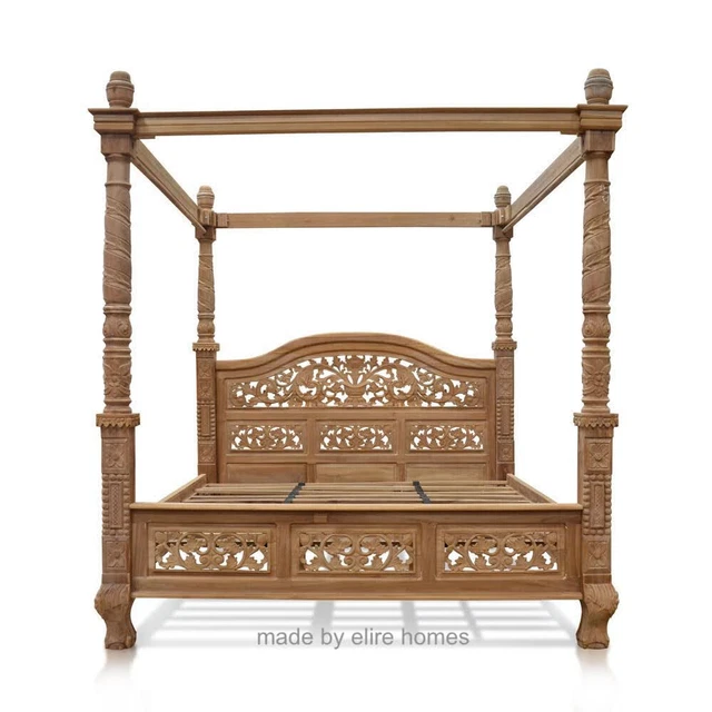 UK STOCK ~ 6' Super King Teak Wood French style Four poster floral canopy bed UK STOCK ~ 6' Super King Teak Wood French style Four poster floral canopy bed