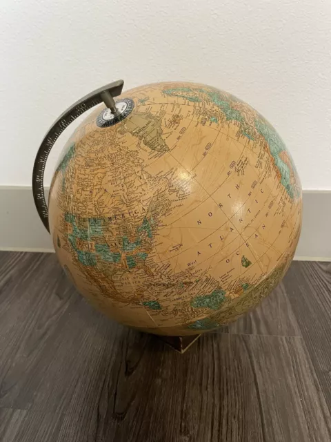 Vintage 1980s ? Sepia toned Crams Imperial World Globe with wood base brass axis