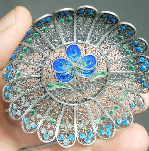 Antique 800 Silver Enamel Filigree Open Work Floral Roundel Clover Vintage 1920s