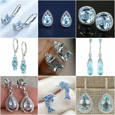Elegant 925 Silver Dangle Earrings Women Wedding Bride Jewelry Aquamarine A Pair