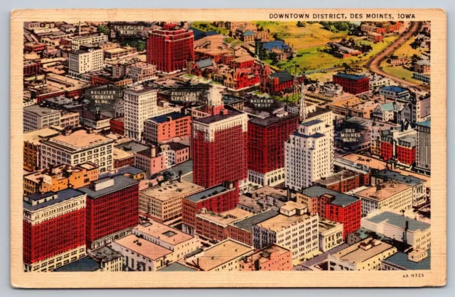 Des Moines Iowa Downtown District Aerial View Posted 1944 Linen Postcard