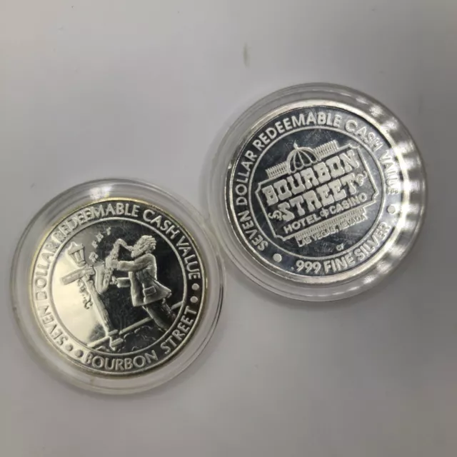 (2) Vintage Bourbon Street Hotel & Casino 7 Dollar .999 Silver Coins