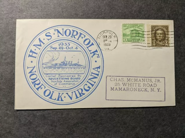 Cruiser HMS NORFOLK Naval Cover 1933 ROUND BLUE Cachet Norfolk, VA